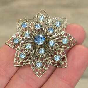 Vintage Blue Rhinestone Flower Brooch Silver Tone Filigree Mid Century